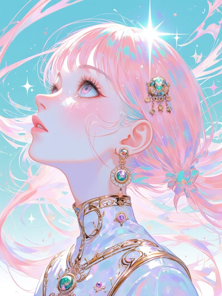C. – Aesthetic anime girl head illustration, face close-up portrait, pink long hair with sky blue highlights, looking up a…