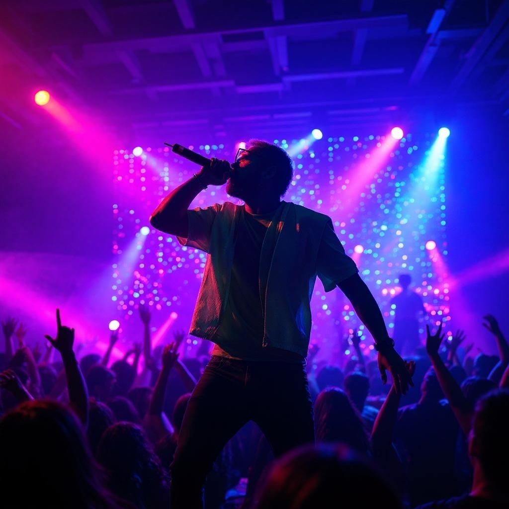Reese Wang – Dynamic pop music concert scene with vibrant neon stage lighting, energetic performer silhouette against colorful bac…