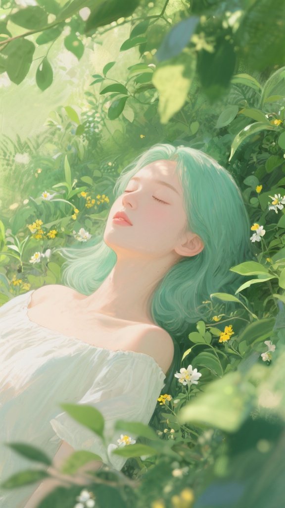 Dz.kc – Modern Western fine‑art editorial aesthetic. A serene, semi‑realistic illustration of a single young adult woman with…