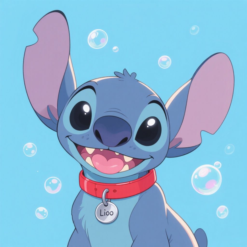 Hilda Filmberg – Stitch from Lilo and Stitch wearing a bright red dog collar with a round silver nametag, looking directly into camera…