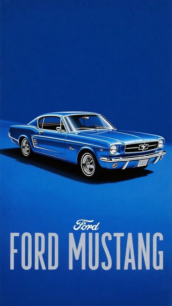 C. – 1961 Ford Mustang classic car poster, digital painting style, vintage automotive advertisement aesthetic, bold graphi…