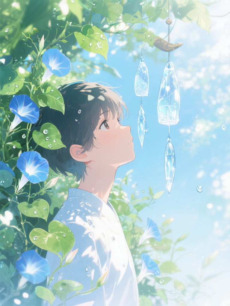 Ccddz – A refreshing summer scene in Japanese anime style, featuring soft blue, green and white color palette. A young person…