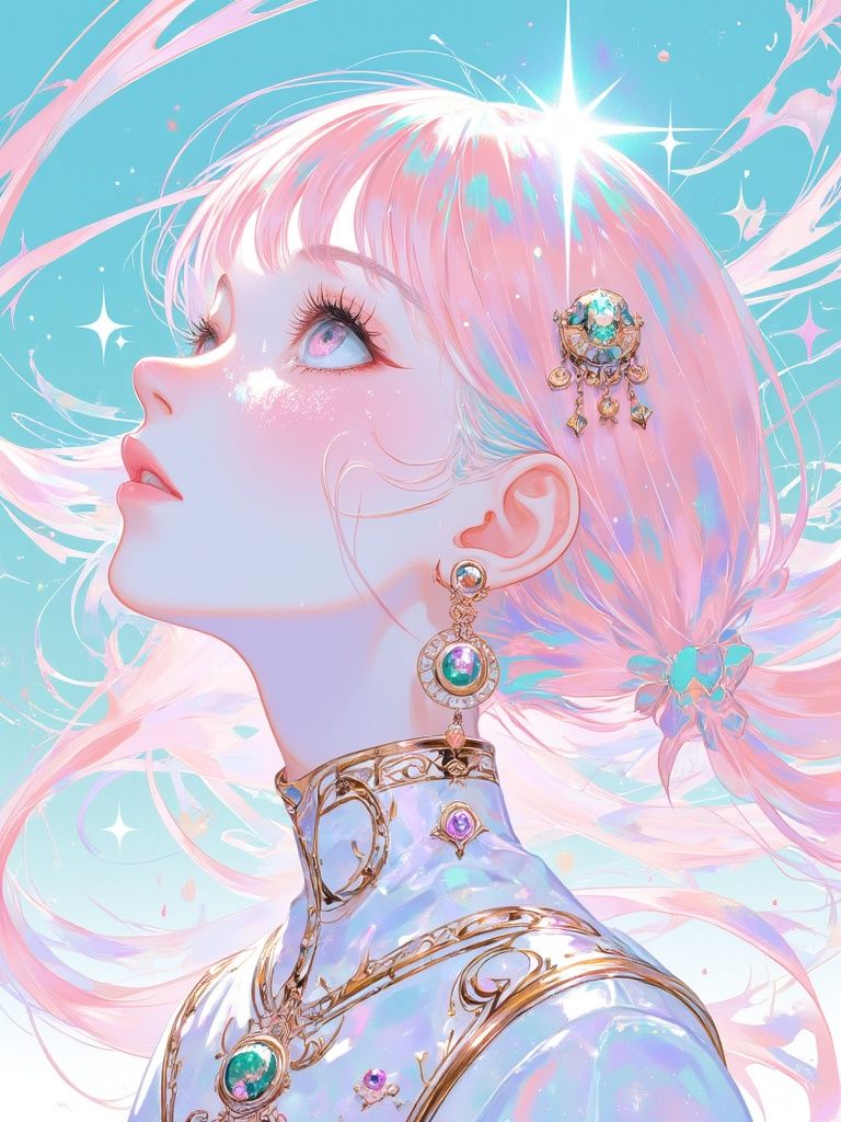 Ccddz – Aesthetic anime girl head illustration, face close-up portrait, pink long hair with sky blue highlights, looking up a…