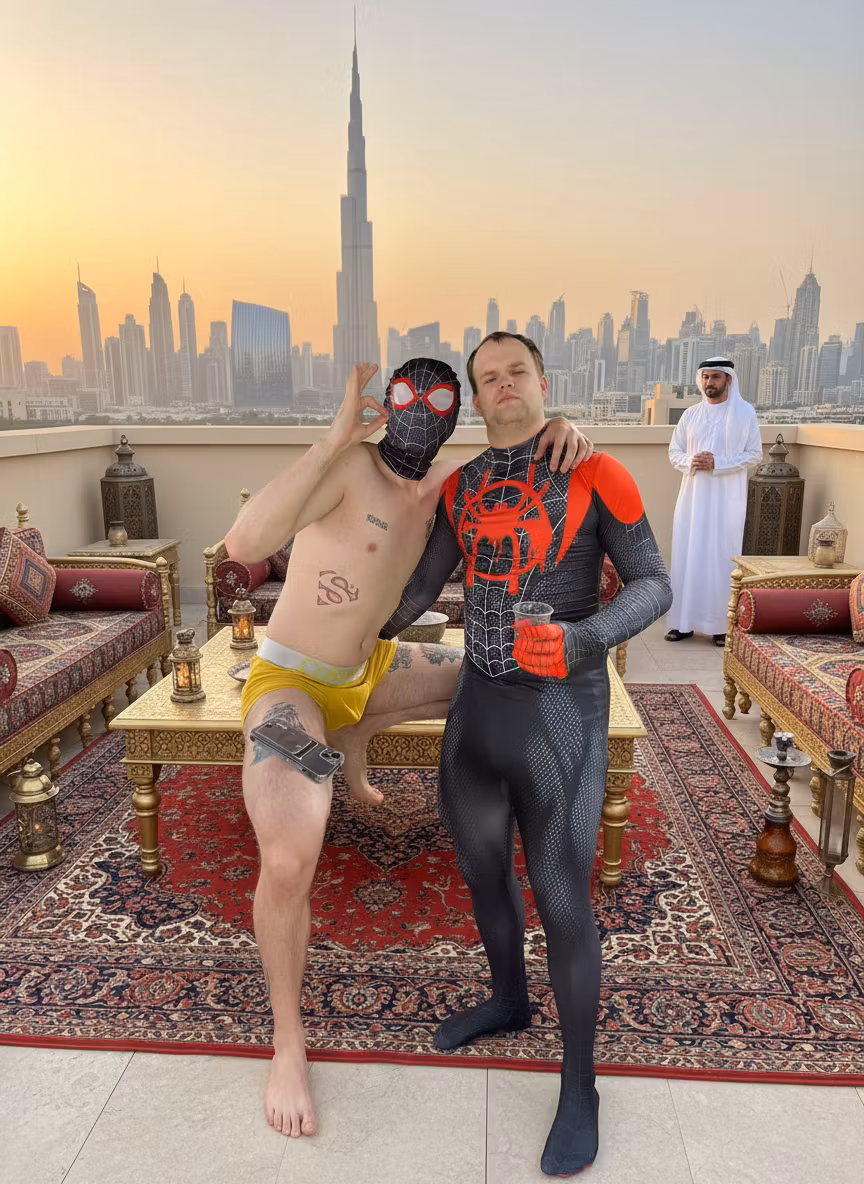 Иван Вормебехер – Transform this scene to a luxurious rooftop terrace in UAE with Dubai skyline in the background. Keep the two Spider-…
