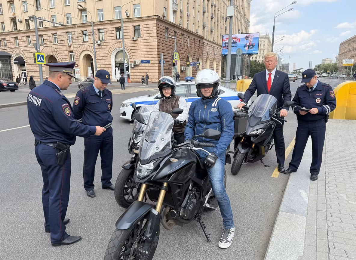 Vasily – Add Russian police officers conducting a traffic stop inspection of the motorcycles. Include 2-3 Russian police offic…