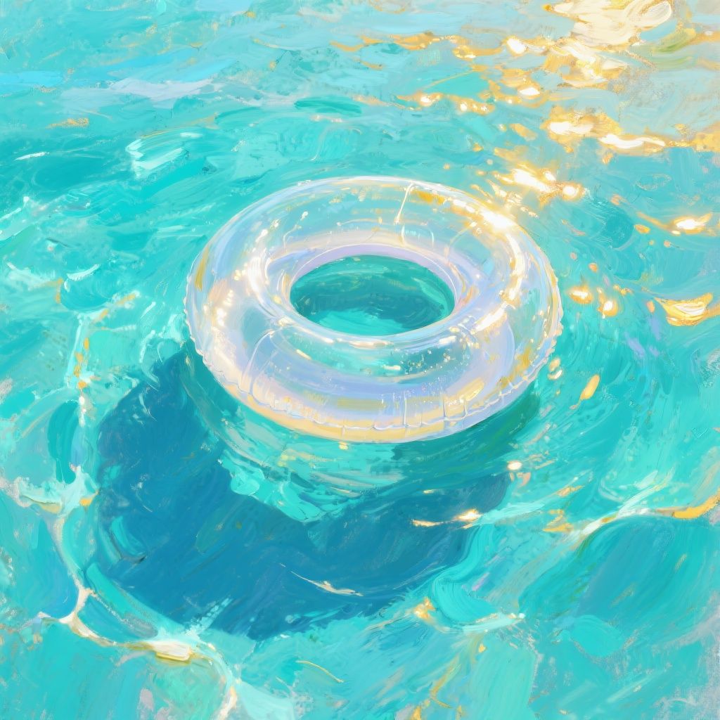 Ccddz – Transparent inflatable swim ring floating gracefully on crystal clear turquoise water, painted with bold expressive o…