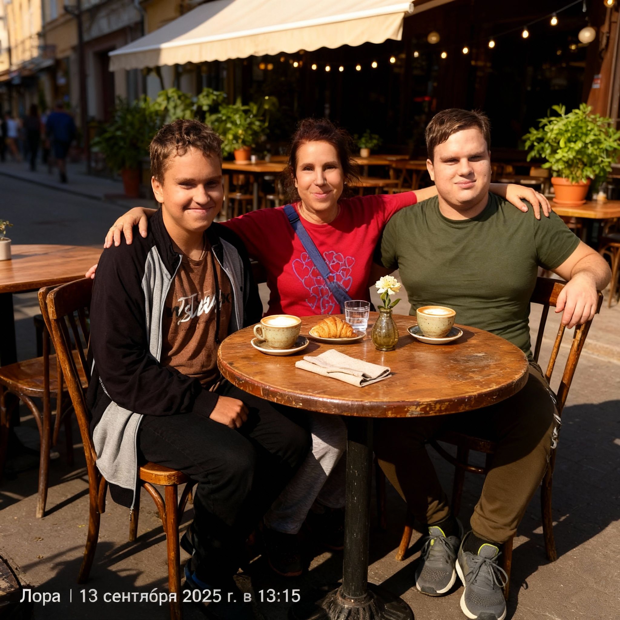 Лариса Примоченко – Using the provided photo of three people standing in a garden scene, create a natural-looking edit that seats the sam…