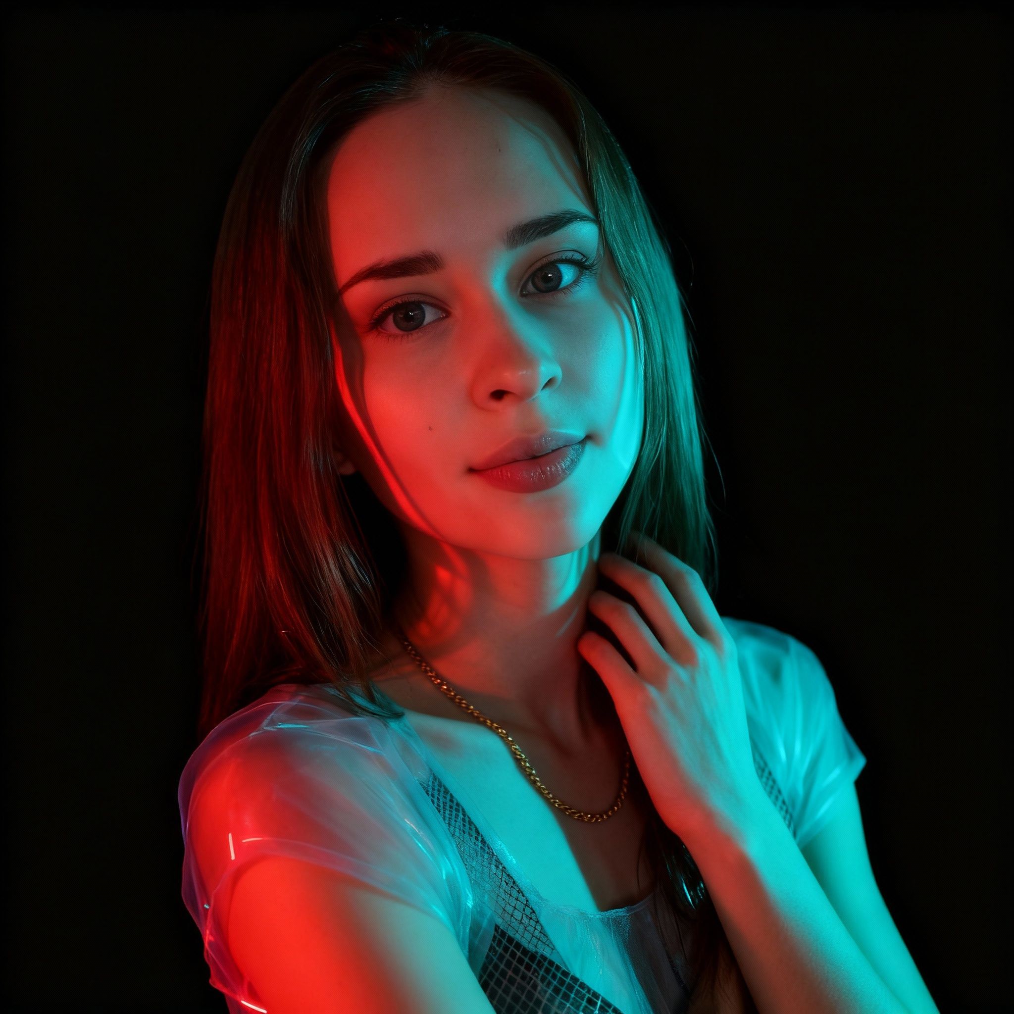 Наталья Шкуро – Transform the provided selfie portrait of the young woman with straight shoulder-length hair, fair skin, and gold nec…