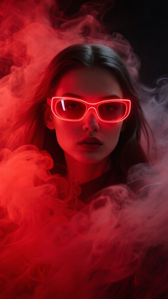 Ccddz – A beautiful young woman with luminous neon red glasses, dramatically emerging from swirling crimson smoke clouds, cin…