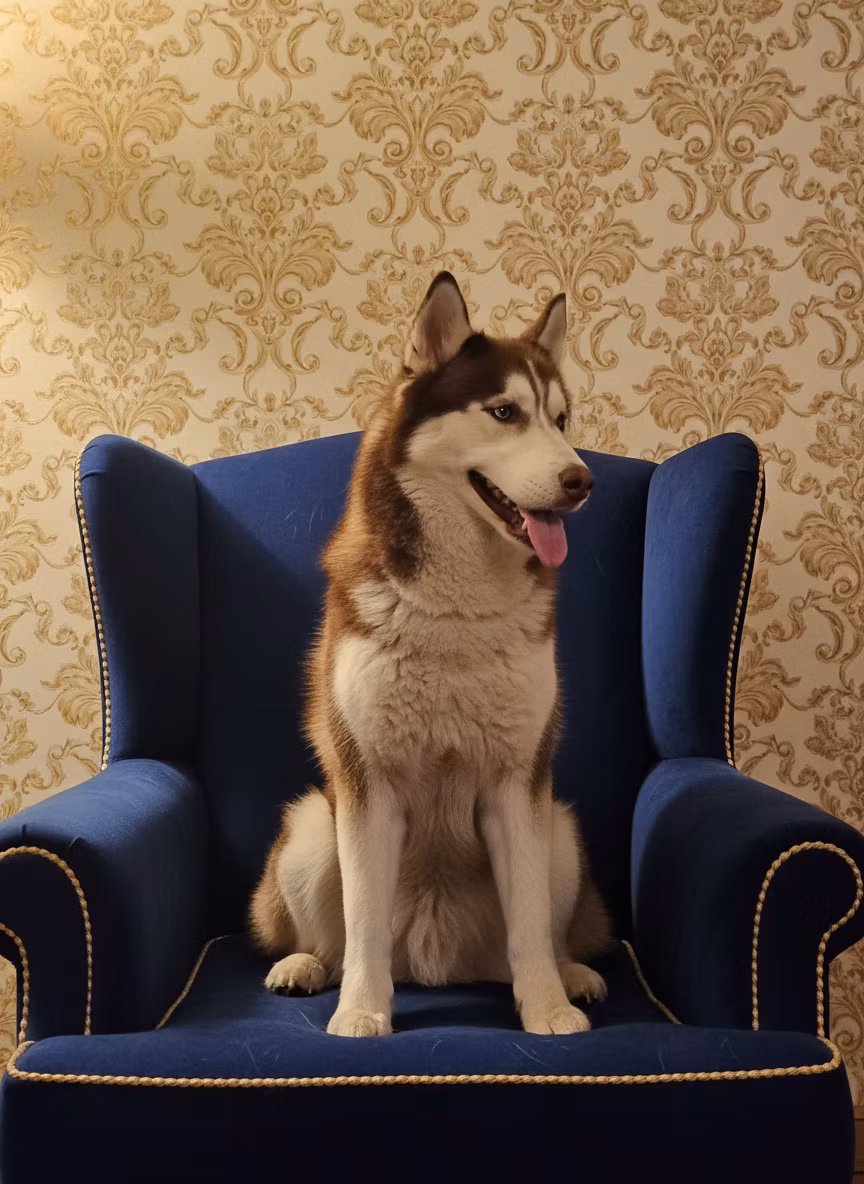 Светлана – Transform this image to show the Siberian Husky sitting comfortably in an elegant, luxurious armchair with plush upho…