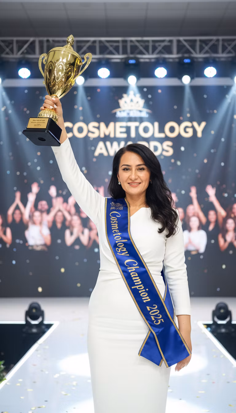 unknown 1111 – Transform the provided image of the woman in white scrubs into a scene where she is the winner of a cosmetology compe…