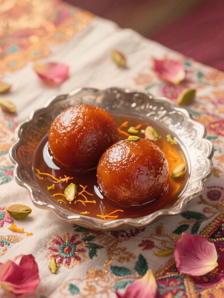 bluewallblacktile – Painterly illustration of two plump gulab jamuns sitting in a shallow silver katori, their deep amber-brown surfaces …