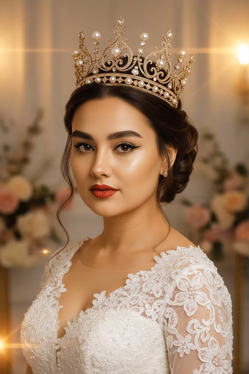 Adham Begimov – A realistic wedding portrait photograph of a young woman aged 22-28 years with oval face and expressive features, fai…