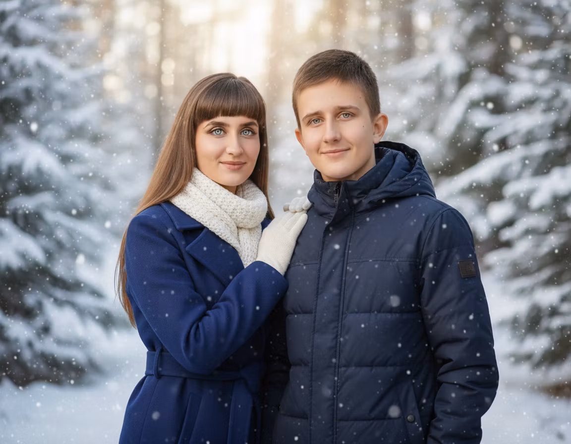 Ксения Павленко – Using the provided portrait image of a mother and son, create a new variant while preserving their exact facial featu…