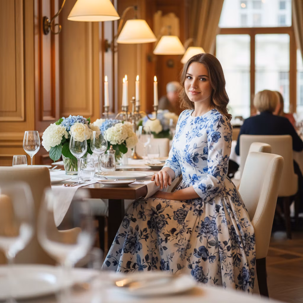Лариса Примоченко – Elegant young woman sitting gracefully in an upscale restaurant, wearing a stunning floral dress with delicate blue a…