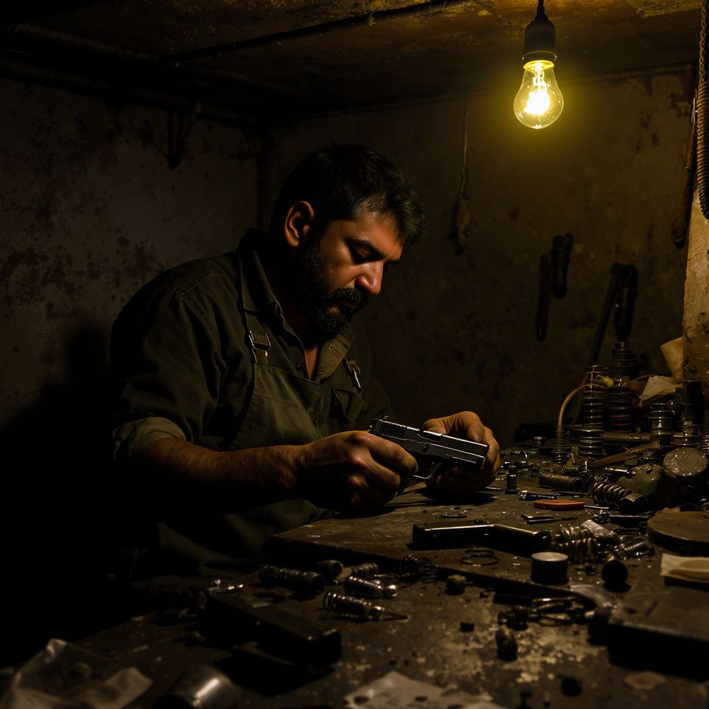 Ad aM – A Kyrgyz craftsman in a dimly lit basement workshop, carefully assembling a Glock pistol from salvaged metal parts an…