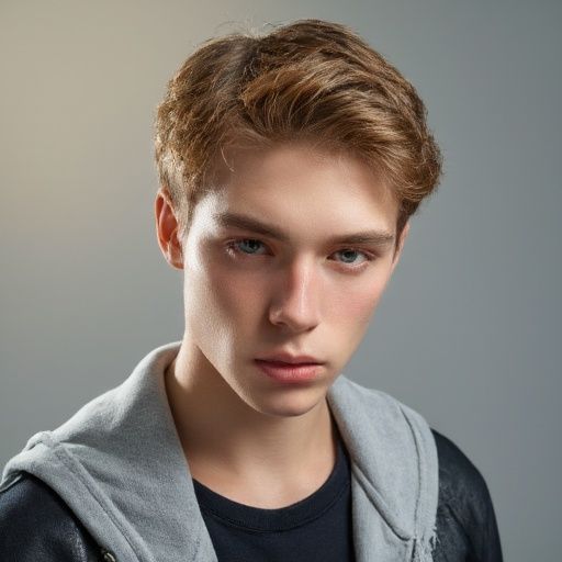 Oksana Tkachuk – Realistic portrait of a young Slavic man, 21 years old, with fair complexion and short light brown hair styled natura…