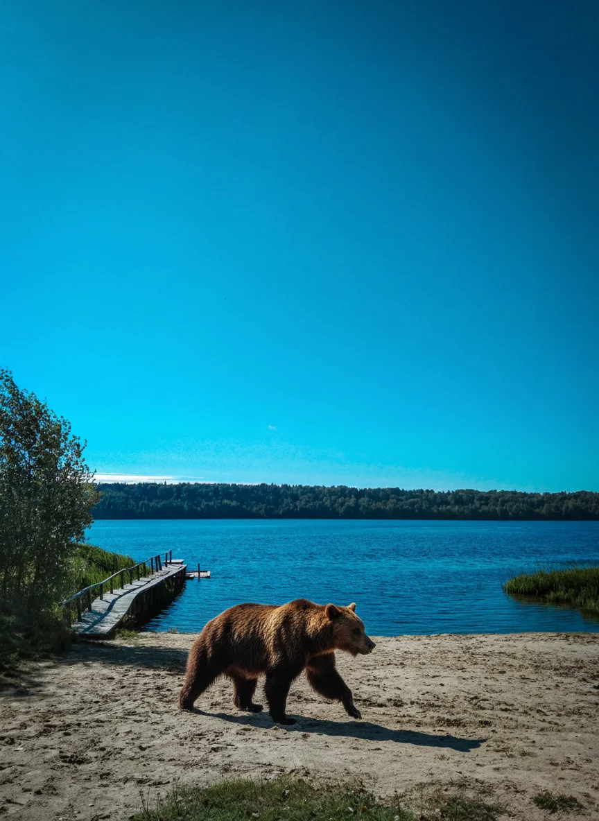 Евгения Чувичкина – Using the provided beach photograph, add a realistic brown bear running across the sandy beach toward the water. The …