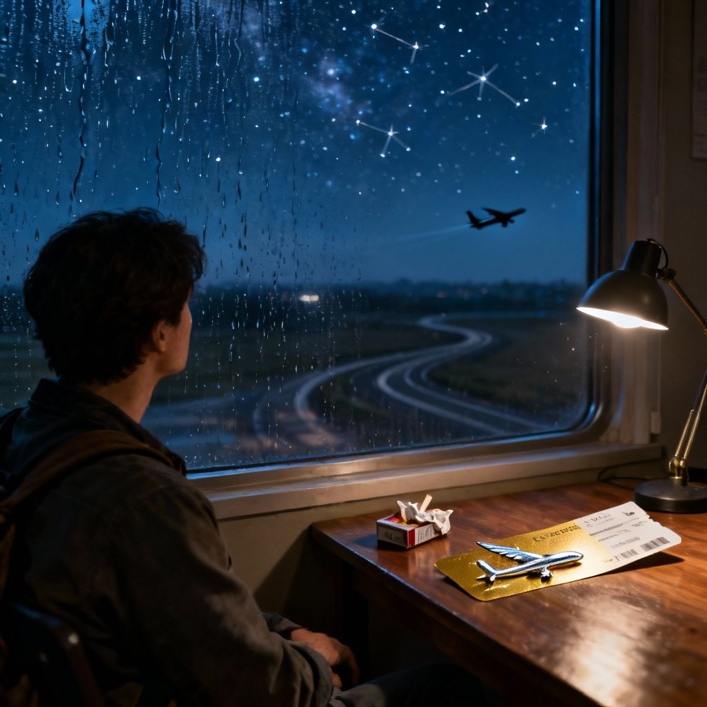 Виталий Парыгин – A melancholic scene of a lone traveler sitting by a rain-streaked window in a dimly lit room, gazing at an unfamiliar…