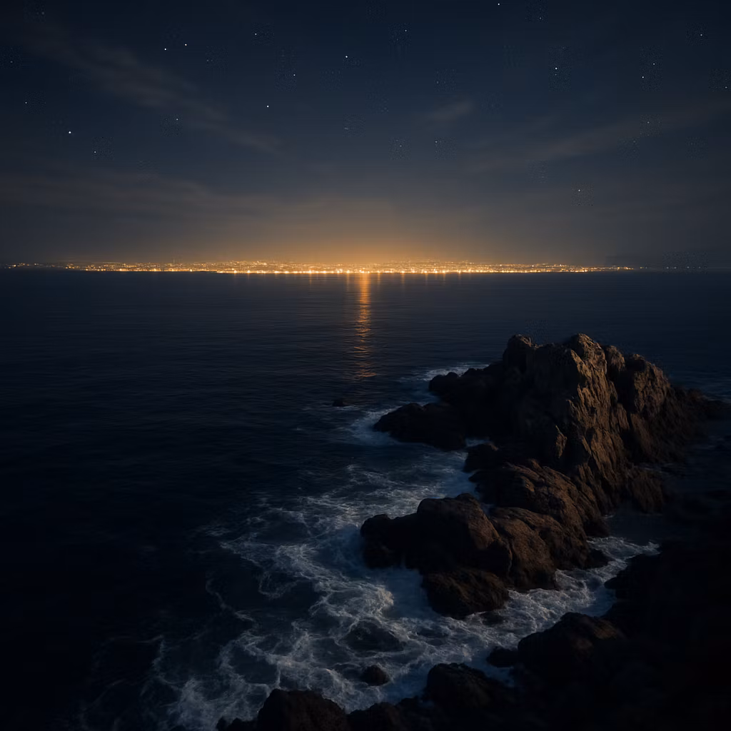 Ccddz – A wide-angle realistic nighttime seascape photograph taken from a high vantage point, showing a vast panoramic view o…
