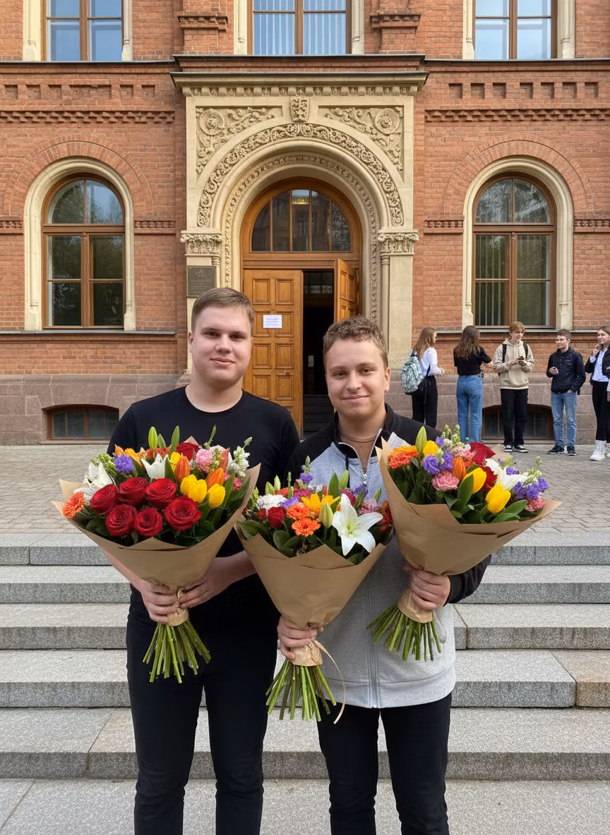 Лариса Примоченко – Two young men standing together outside a school building, holding beautiful flower bouquets. The scene captures a wa…