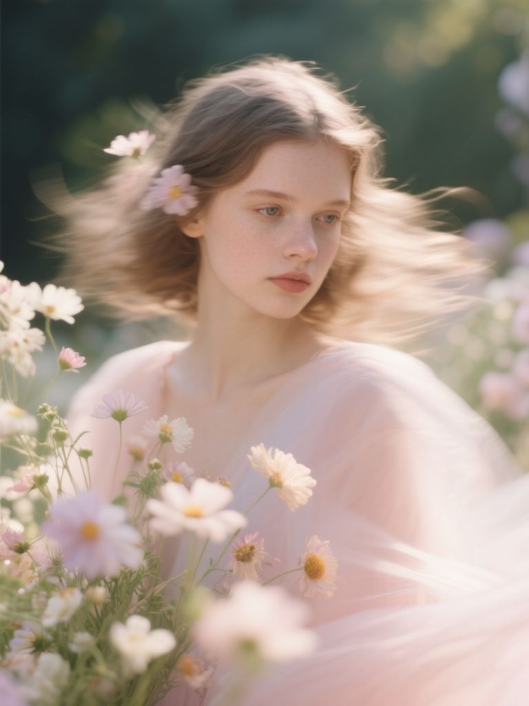 Ccddz – A girl surrounded by delicate flowers, captured with cinematic motion blur and long exposure technique, ethereal drea…