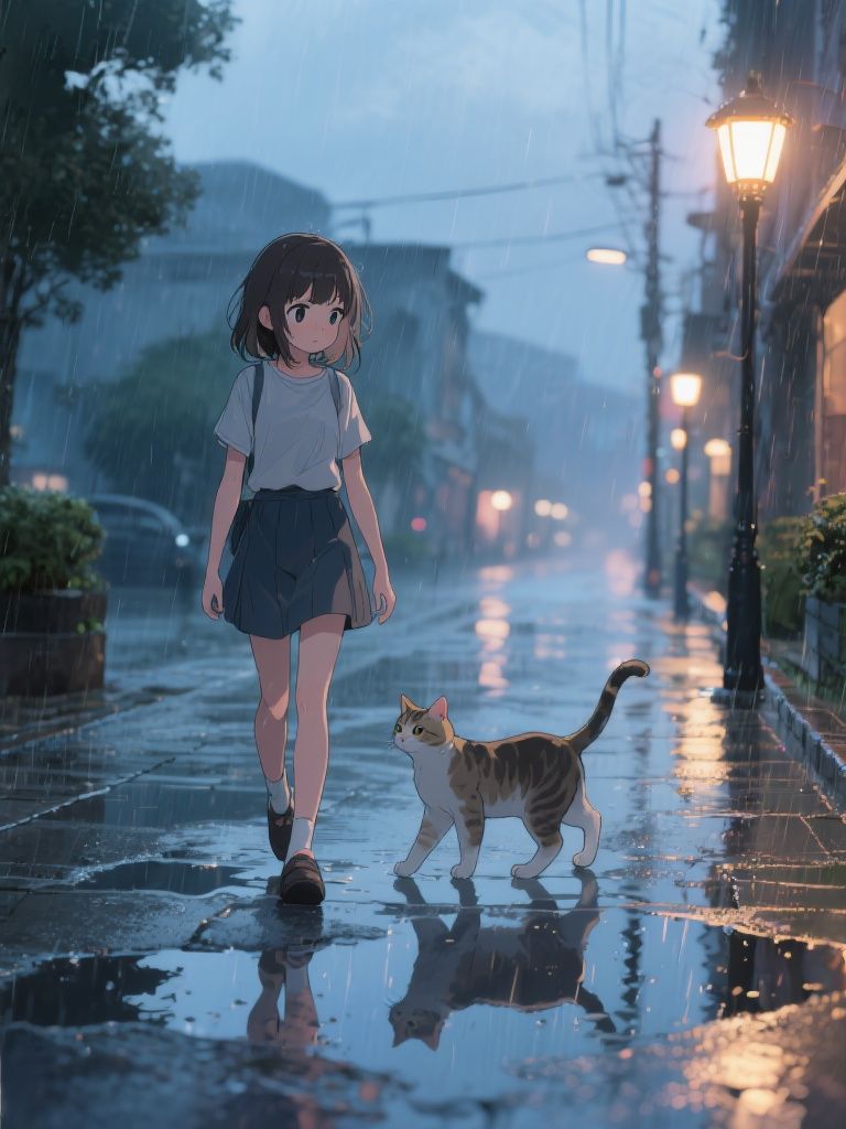 Ccddz – Anime girl with well-proportioned face and natural facial features walking with a small cat on wet sidewalk after rai…