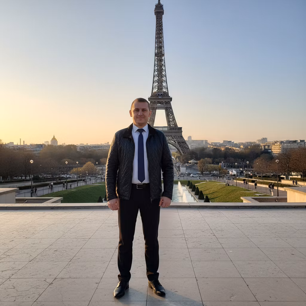 vladi Kazzta – Create a full-body portrait of the man standing elegantly in front of the Eiffel Tower in Paris. Show him from head t…