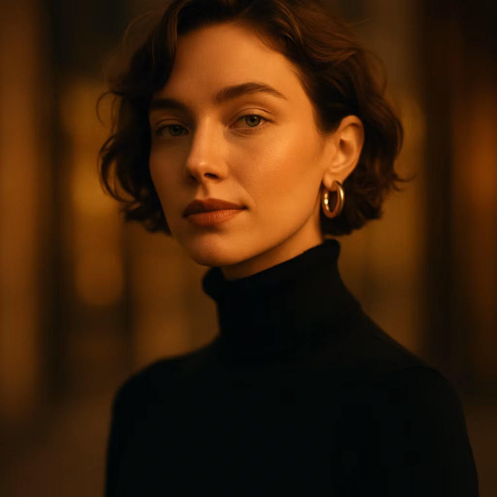 Ccddz – Portrait of an elegant modern woman with short wavy hair, wearing a dark turtleneck sweater and golden earrings, soft…