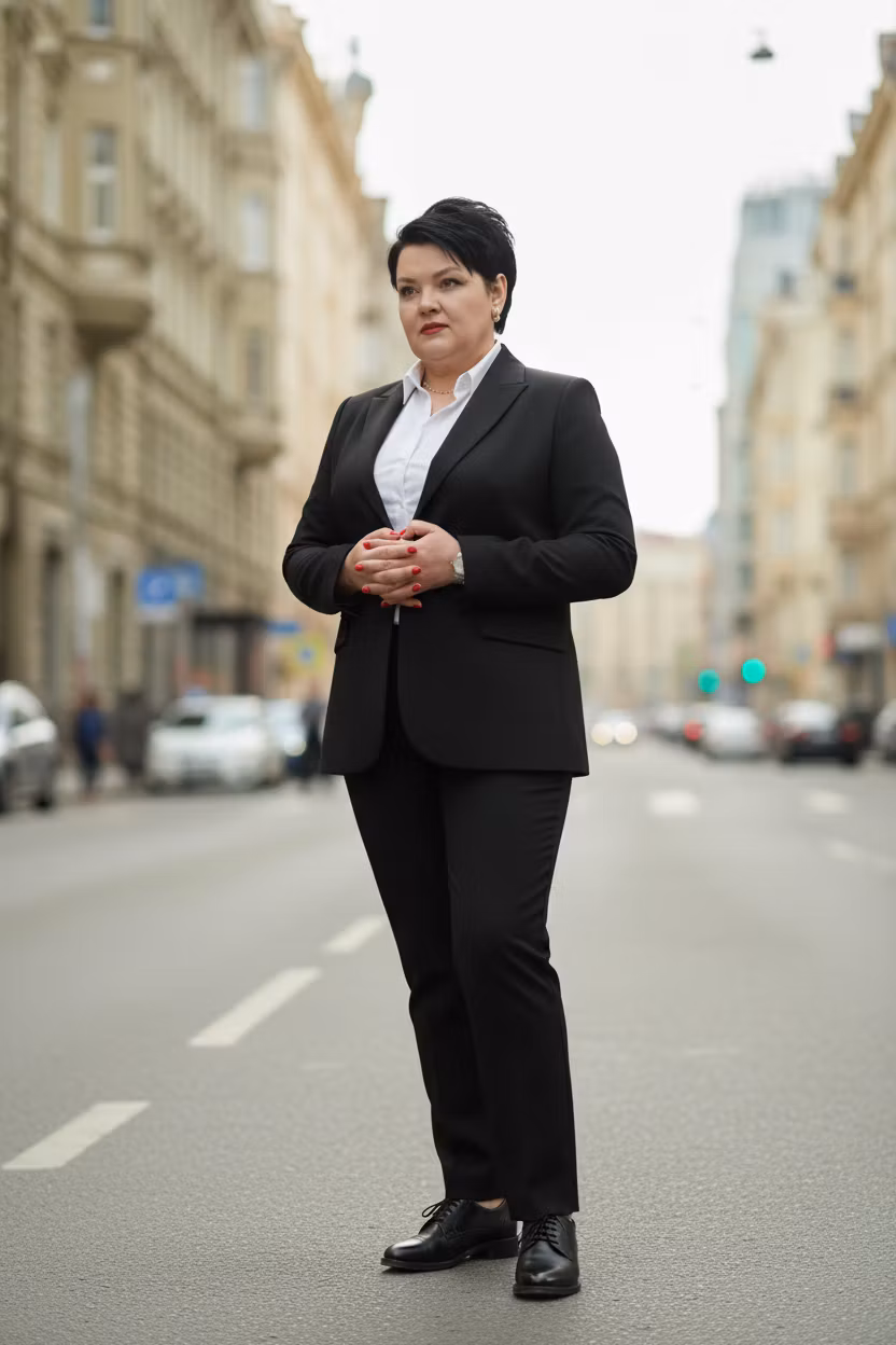 Валентина Салабай – Using the provided full-body photograph of a standing woman, transform her outfit into a photorealistic black tailore…