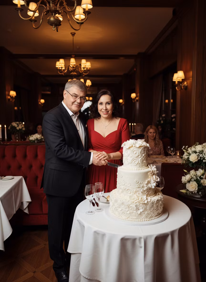 Лариса Примоченко – A joyful couple in elegant evening wear—a man in a classic black tuxedo and the woman in a sophisticated red gown—sta…