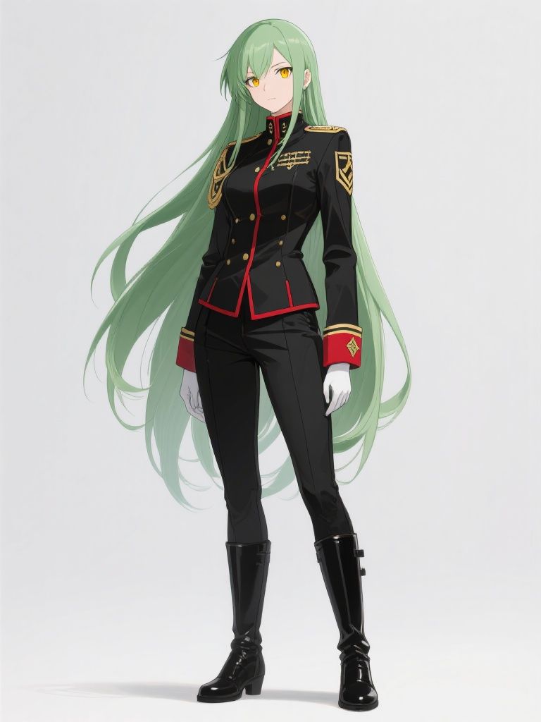 Boltox Boltox – Full body shot of C.C. from Code Geass anime in her Black Knights military uniform, long flowing green hair, golden a…