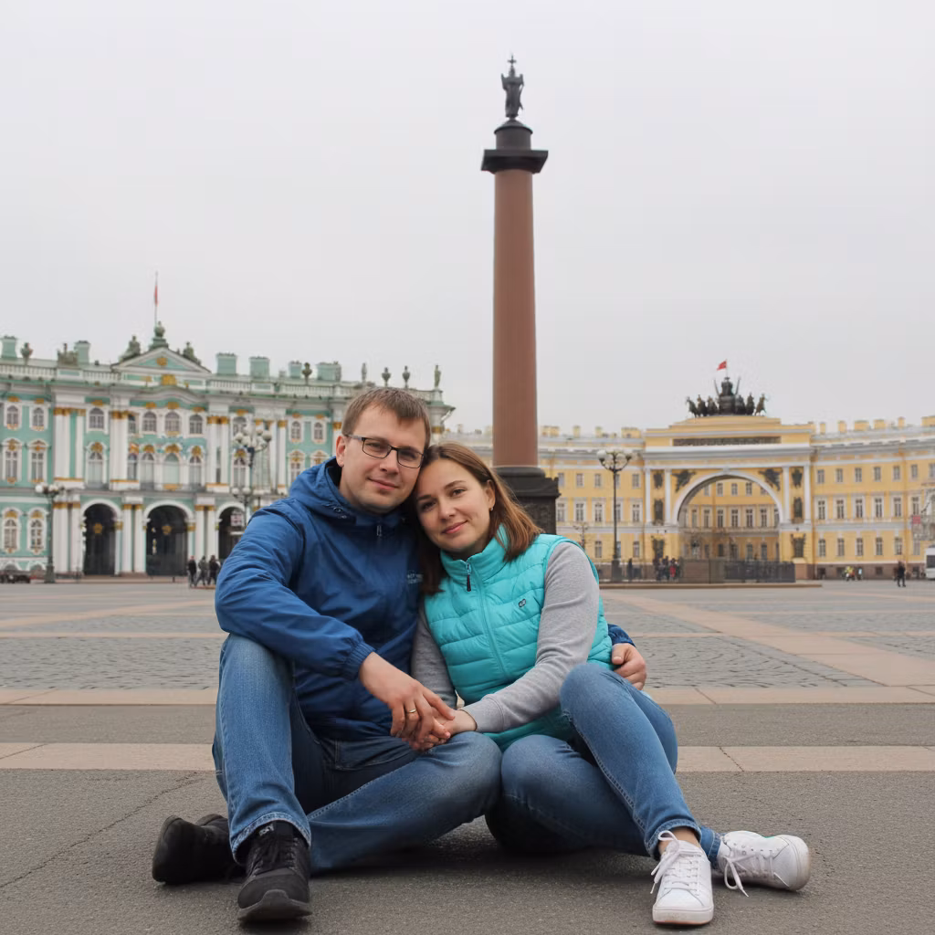 Лариса Примоченко – Edit the provided image to depict the couple sitting closely together on the asphalt pavement of the iconic Palace Sq…