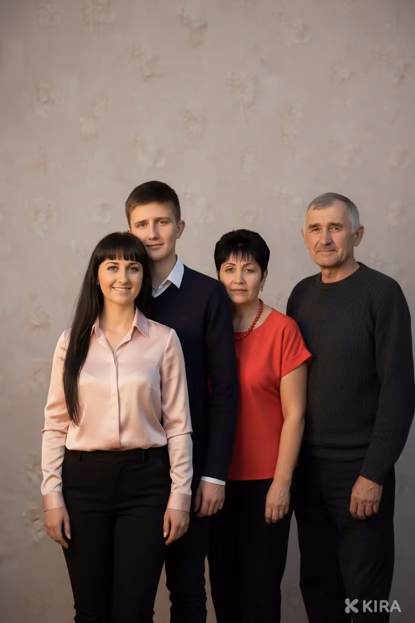 Любовь Павленко – Используя семейный портрет с тремя людьми как основу, добавьте мужчину из второго изображения справа от группы. Мужчи…