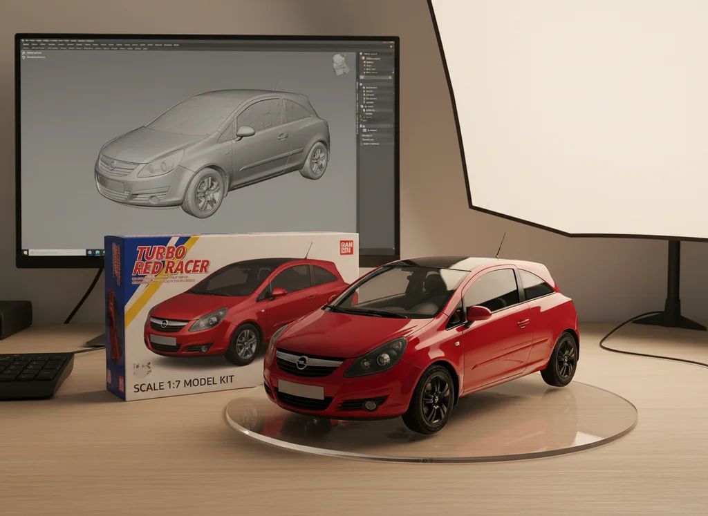 Максим Санин – Photorealistic commercial product-studio composite showing a 1/7 scale physical model of an Opel Corsa (based on the …