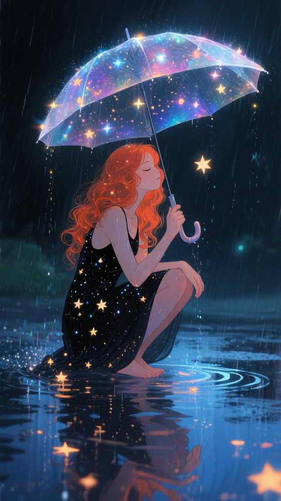 C. – A whimsical and imaginative digital painting of a young woman with long, wavy red-orange hair squatting on a damp ref…