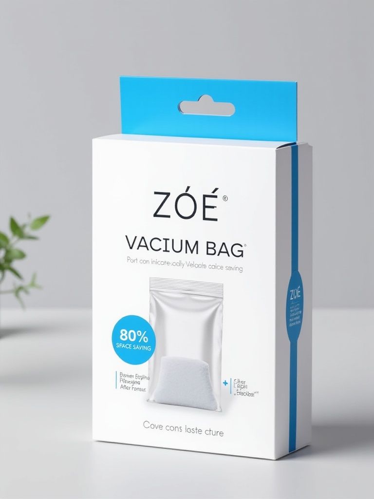 ye alissa – Professional e-commerce packaging box design for vacuum compression bags, clean white dominant color scheme with Klei…