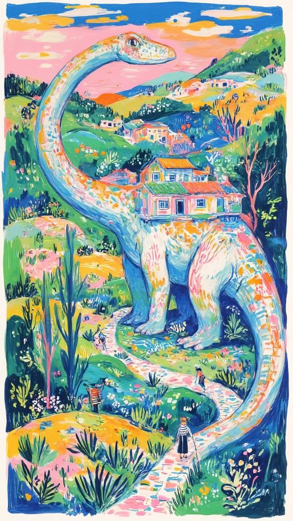 Kyro – Epic fantasy artwork of a colossal sauropod dinosaur wandering across vast mystical landscapes, with an entire small …