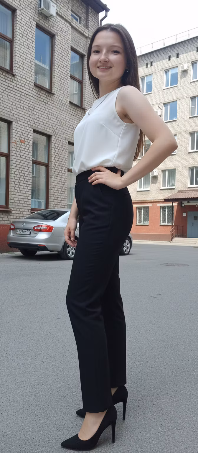 валерия задорожняя – Replace the woman's outfit with a elegant white blouse tucked into high-waisted black trousers, paired with minimalis…