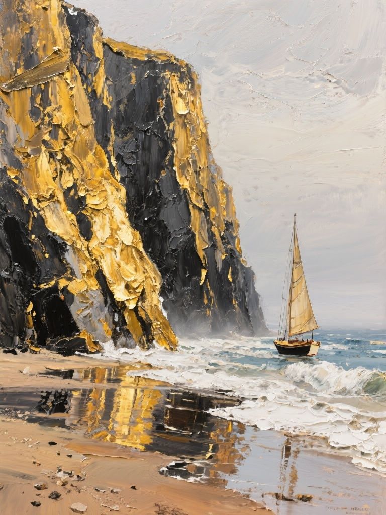 Ccddz – Impasto oil painting, expressive impressionist seascape: a solitary sailboat skims near a towering golden–black sea c…