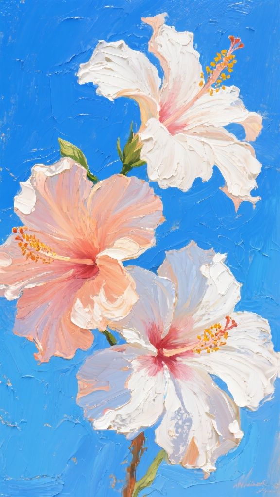 Ccddz – Oil painting of three elegant hibiscus blossoms in soft peach-to-white gradient petals, painted against a vibrant cer…