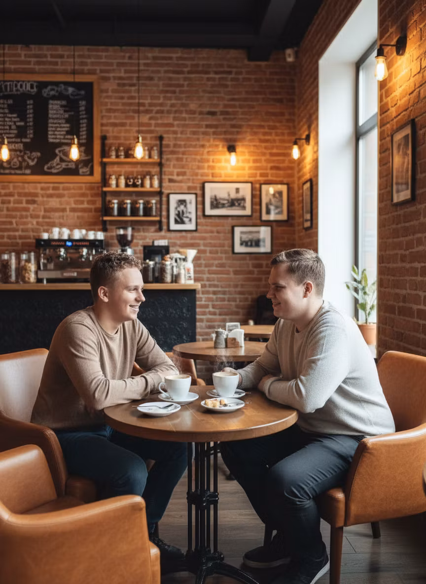 Лариса Примоченко – Two young men sitting comfortably in a cozy modern cafe, enjoying coffee together. They are seated at a wooden table …