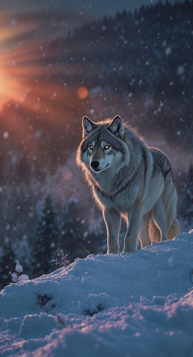 Arish Khan – A lone grey wolf, mature male with thick silver-tipped fur, stands poised on snow-dusted ridge overlooking vast snow-…