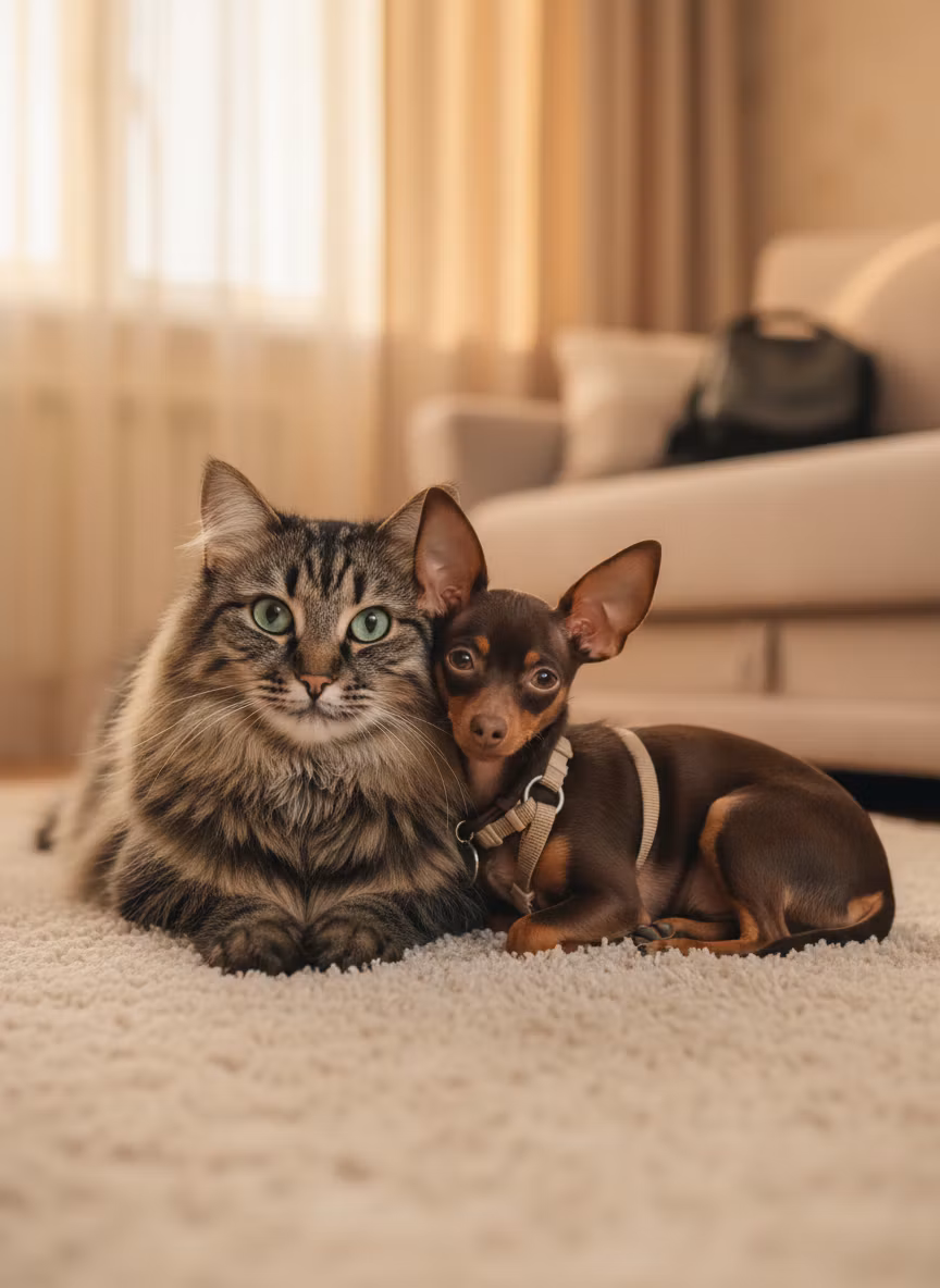 Sergei Litvinov (Dreams Art) – Create a heartwarming indoor scene featuring both pets together in perfect harmony. The large fluffy tabby cat (Siber…