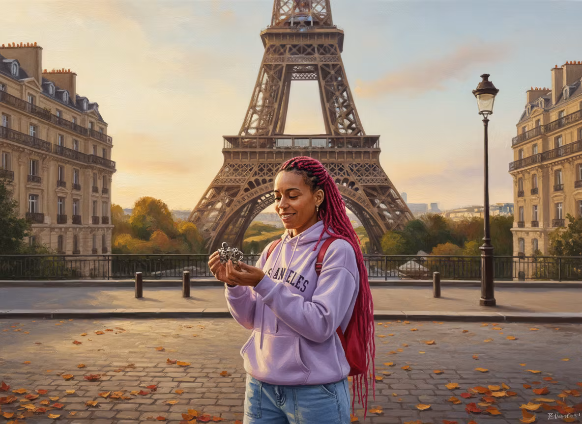 ANZHELA VIKTORIVSKA – A beautiful artistic painting of a person with bright pink hair braided in long braids, wearing a light purple hoodie…