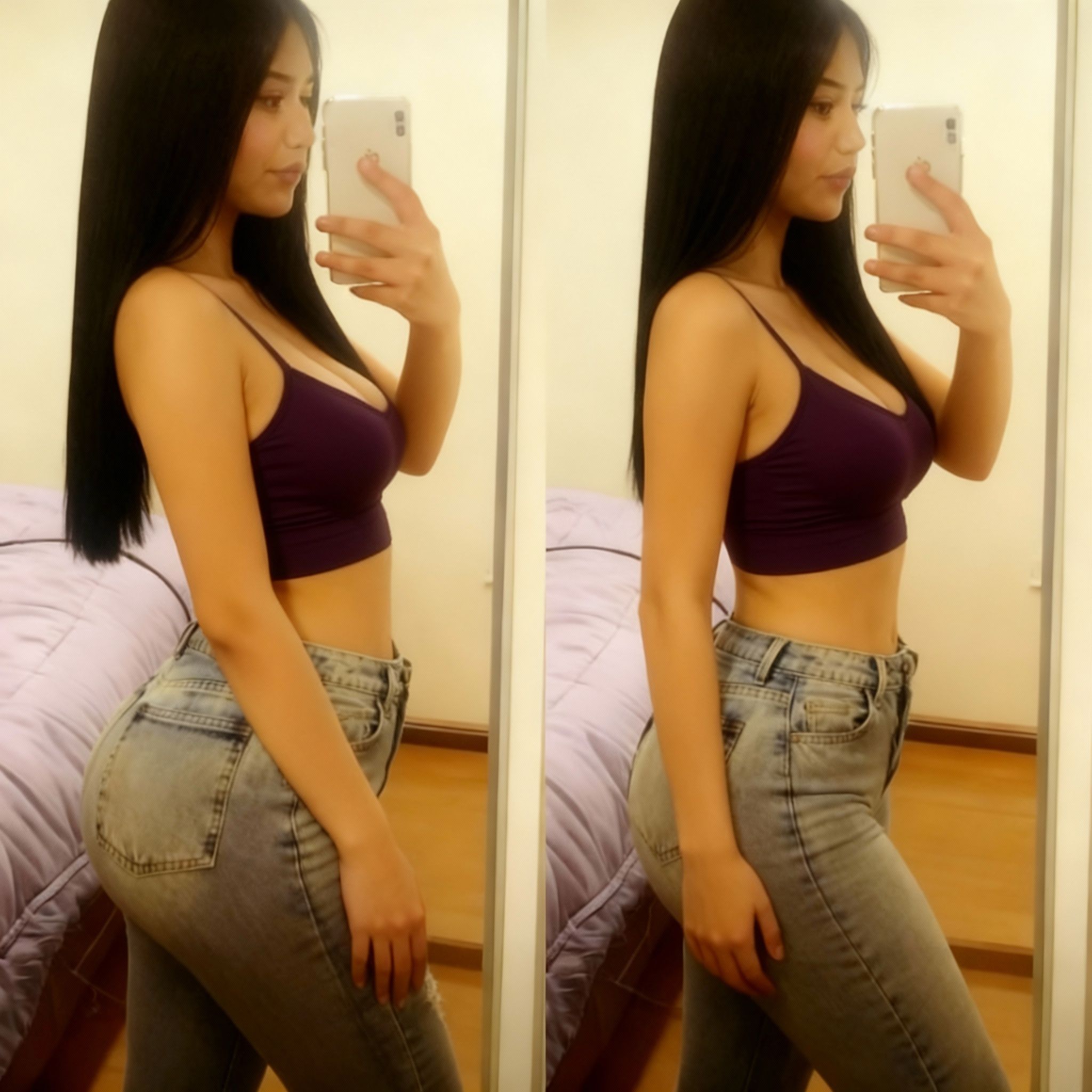 tomas muñoz – Edit the mirror selfie image to dress the young woman in a fitted, supportive bra that accentuates her voluptuous bre…