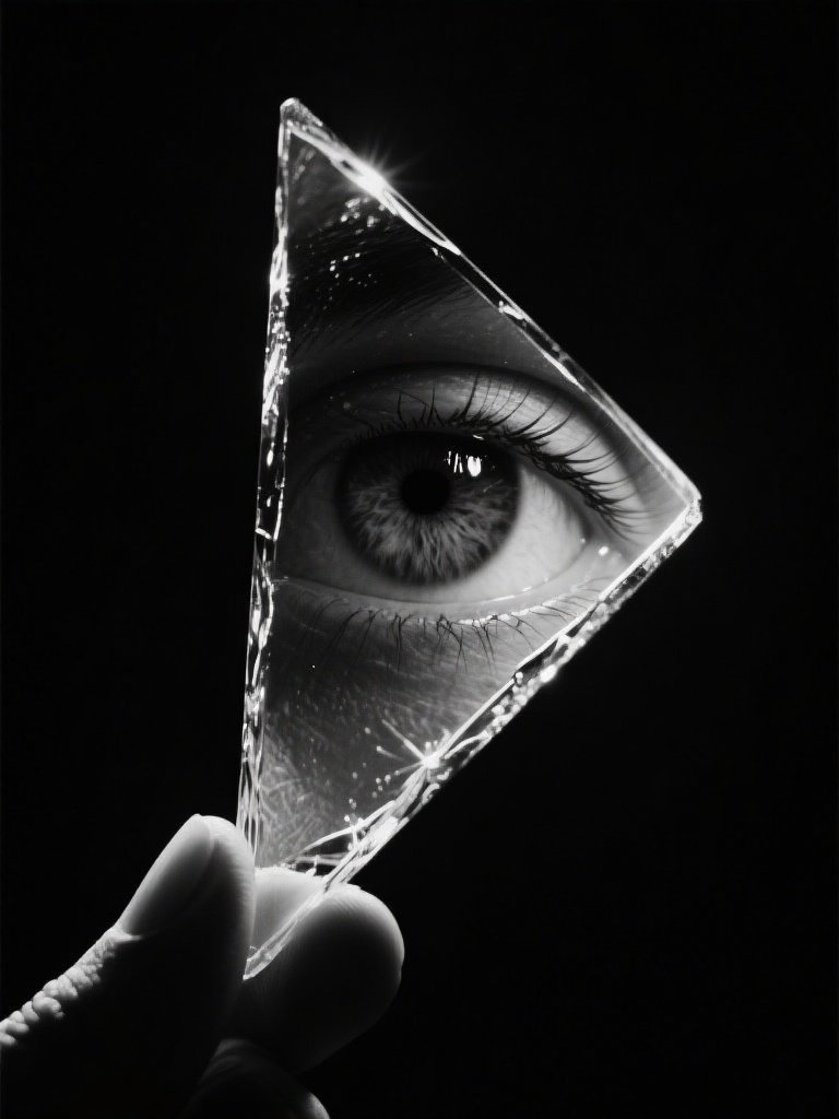 C. – A haunting black and white image of a triangular shard of glass reflecting a single human eye. The reflection is slig…
