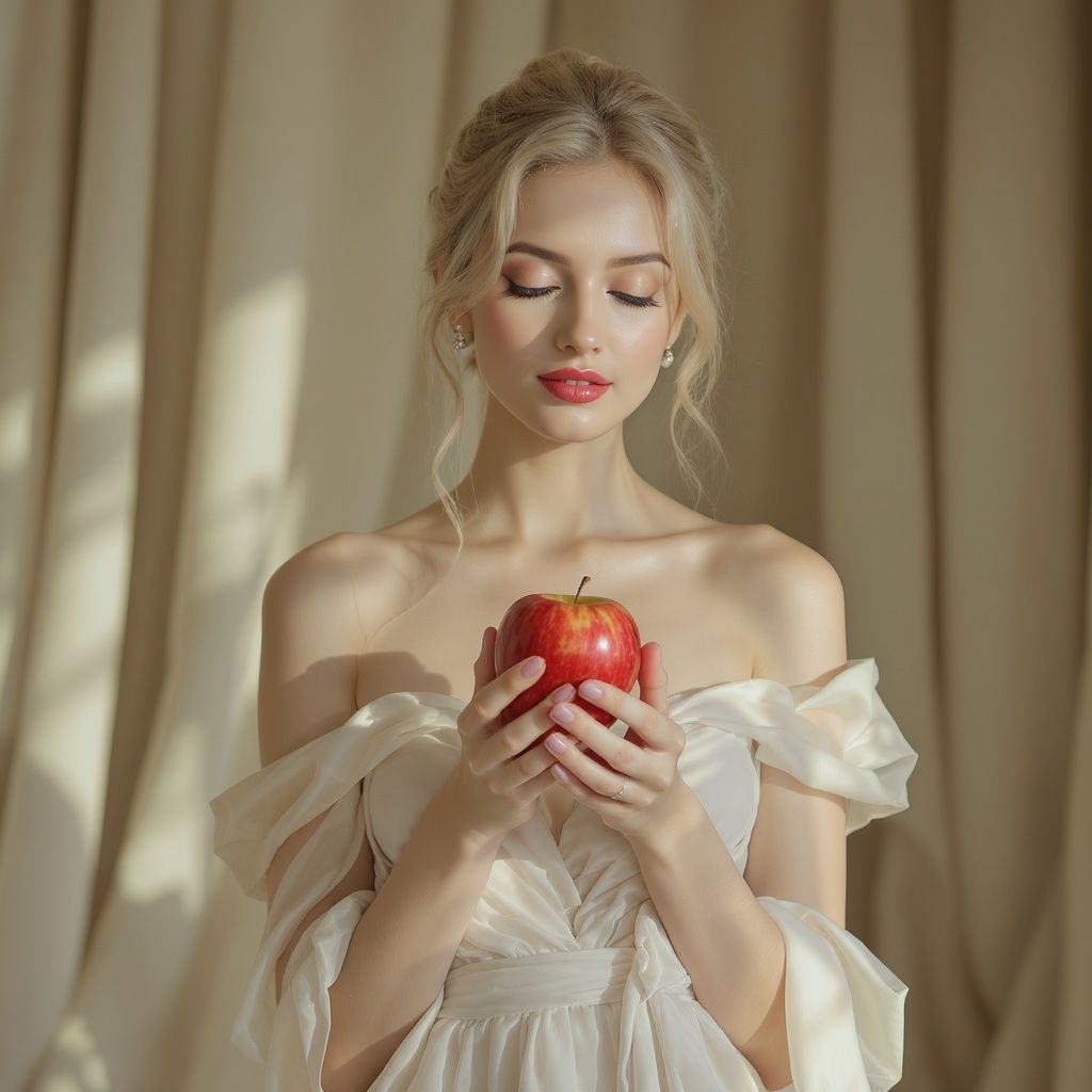 HeLLisiuM – A graceful young woman in an elegant flowing dress, holding a fresh red apple delicately in her hands. She has a sere…