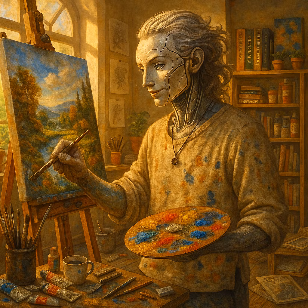 Kyro – Enhance with intricate details: Add more realistic textures to the paint on brushes and palette, visible brush stroke…