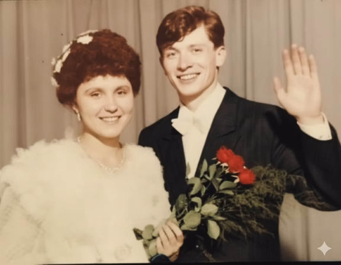 сергей меренков – Transform this vintage wedding photograph into a vibrant, colorful, high-quality image. Restore natural skin tones wi…